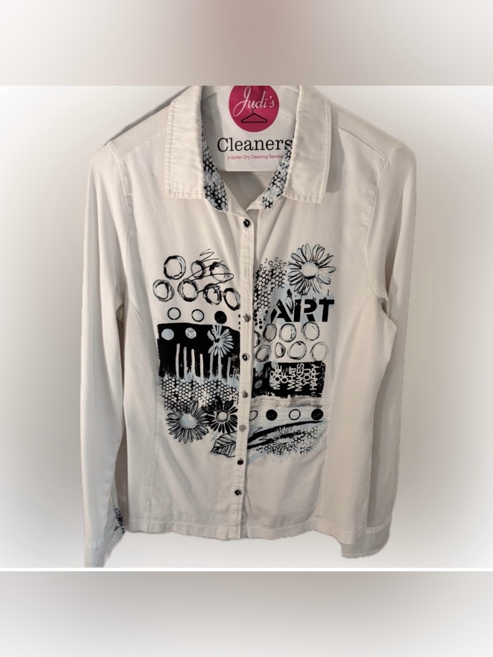Dolcezza “Art Makes You Happy” Blouse Small Graphic Art Shirt Button Front